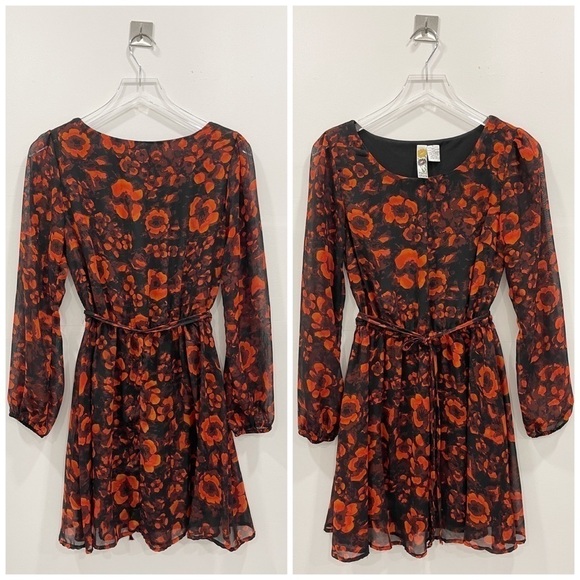 Mimi Chica Long Sheer Sleeve Floral Tie Waist Mini Dress Fit & Flare Red Black - Picture 1 of 5